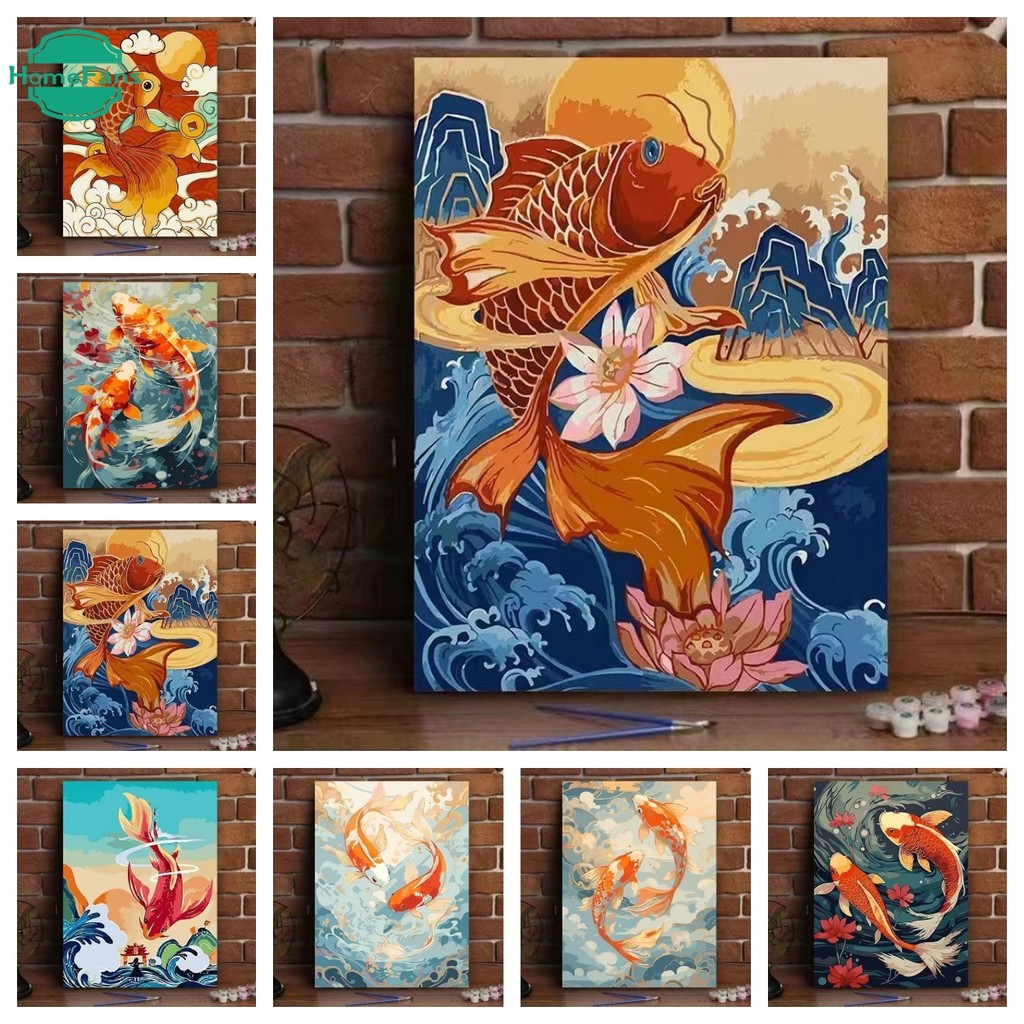 HFRed Lotus Koi ภาพวาดสีน้ํามันชุดผ้าใบการ์ตูนพิมพ์แนวโน้ม House ตกแต่งบ้านตกแต่งความงามผ้าใบศิลปะตก