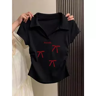 เสื้อทรงซ้อ เสื้อครอปสาวอวบ เสื้อยืดผู้หญิงทรงสลิม เสื้อเชิ้ตโบว์ เสื้อเชิ้ตโบว์ เสื้อยืดทรงจีบธรรมดาสำหรับผู้หญิง