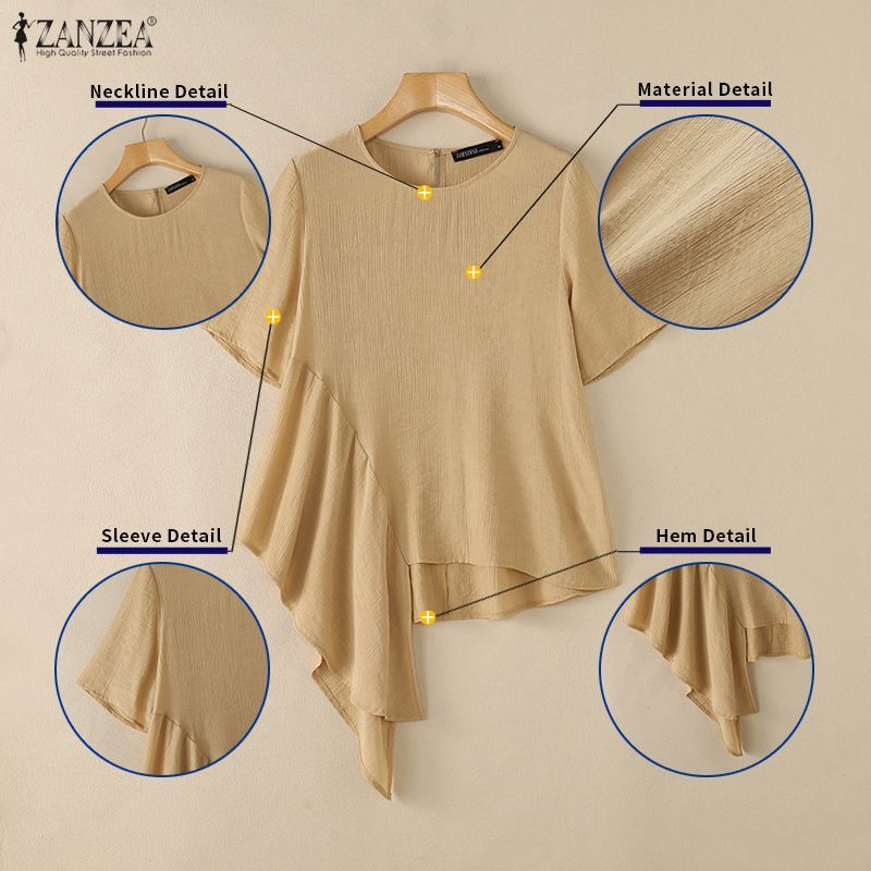 Zanzea ผู้หญิงเกาหลีลําลองไม่สม่ําเสมอ Hem หลวมรอบคอเสื้อแขนสั้น — صورة 7