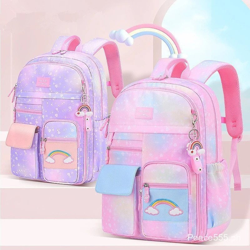 2022 ใหม่น่ารักที่มีสีสันสาวเจ้าหญิงกระเป๋าเป้สะพายหลังกันน้ําเด็กสายรุ้งชุดกระเป๋านักเรียนประถม POX
