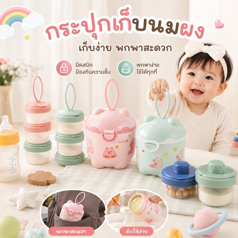 กล่องนมผงเด็ก แบบพกพา แบ่งช่อง ปิดสนิท กันชื้น วัสดุ pp เกรดอาหาร ลายการ์ตูน