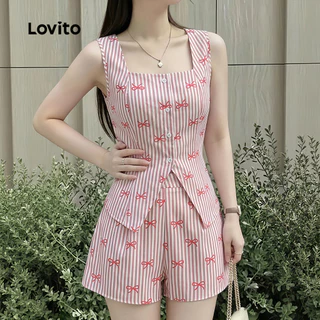 (New Arrival) Lovito เสื้อหรือกางเกงสไตล์โบฮีเมียนลายโบว์ สําหรับฤดูใบไม้ผลิ/ฤดูร้อนของผู้หญิง LK7ED871