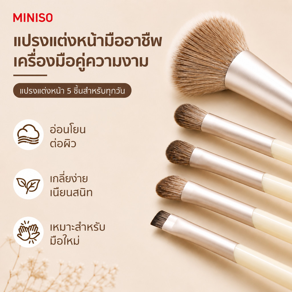 MINISO ชุดแปรงแต่งหน้า 5 ชิ้น ขนนุ่มใยสังเคราะห์ สำหรับมือใหม่ แปรงปัดแก้ม แปรงตา คอ นทัวร์จมูก อายไลเนอร์