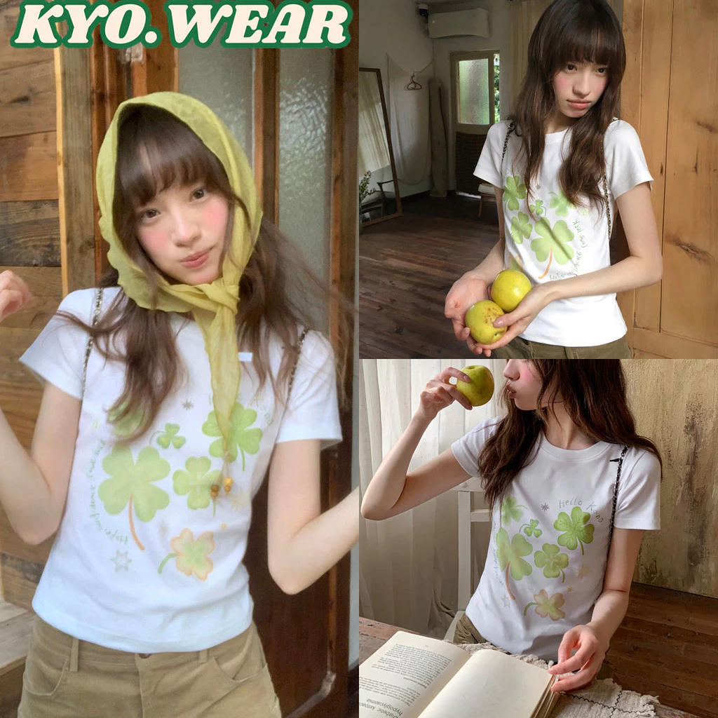 KYO 🌸 เกาหลีสไตล์ เสื้อยืดผู้หญิง พิมพ์ลาย "Four-leaf clover" ทรงเข้ารูปเสื้อคอกลม ผ้าฝ้ายแท้ โคตรนุ่ม เสือใส่สบาย【COD】
