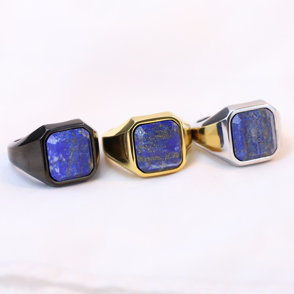 Simple Retro เรขาคณิต 22 มม.ฝังสี่เหลี่ยม Lapis Lazuli สแตนเลส 304 แหวนแหวน