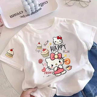 Pebbi Baby เสื้อยืดเด็กผู้หญิงแขนสั้นฤดูร้อน2026 ลายพิมพ์ Hello Kitty เค้กขนมหวาน ผ้าฝ้าย100% นุ่มระบายอากาศ สไตล์เกาหลี