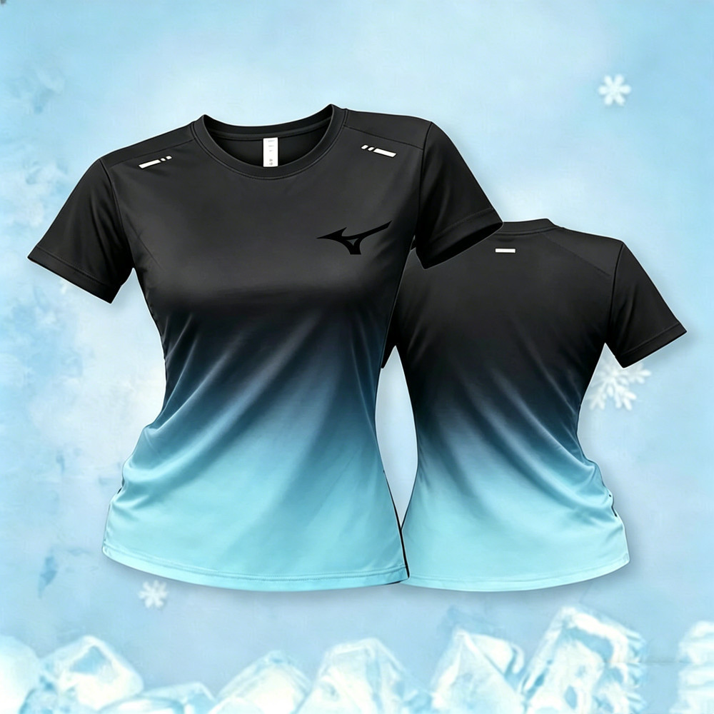 MIZUNO มิซูโน่ ผู้หญิงไล่โทนสีพิมพ์รอบคอแห้งเร็วโพลีเอสเตอร์แบดมินตันระบายอากาศด้านบน