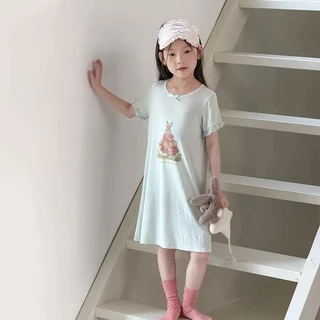 PRETTY BABY ชุดนอนเด็ก เดรสกระโปรง แขนระบาย ลายกระต่าย(2324)