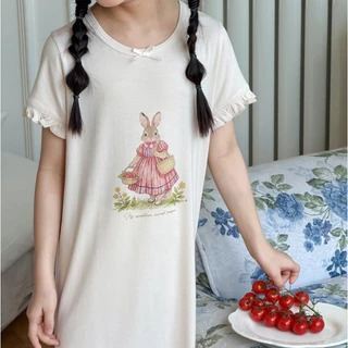 PRETTY BABY ชุดนอนเด็ก เดรสกระโปรง แขนระบาย ลายกระต่าย(2324)
