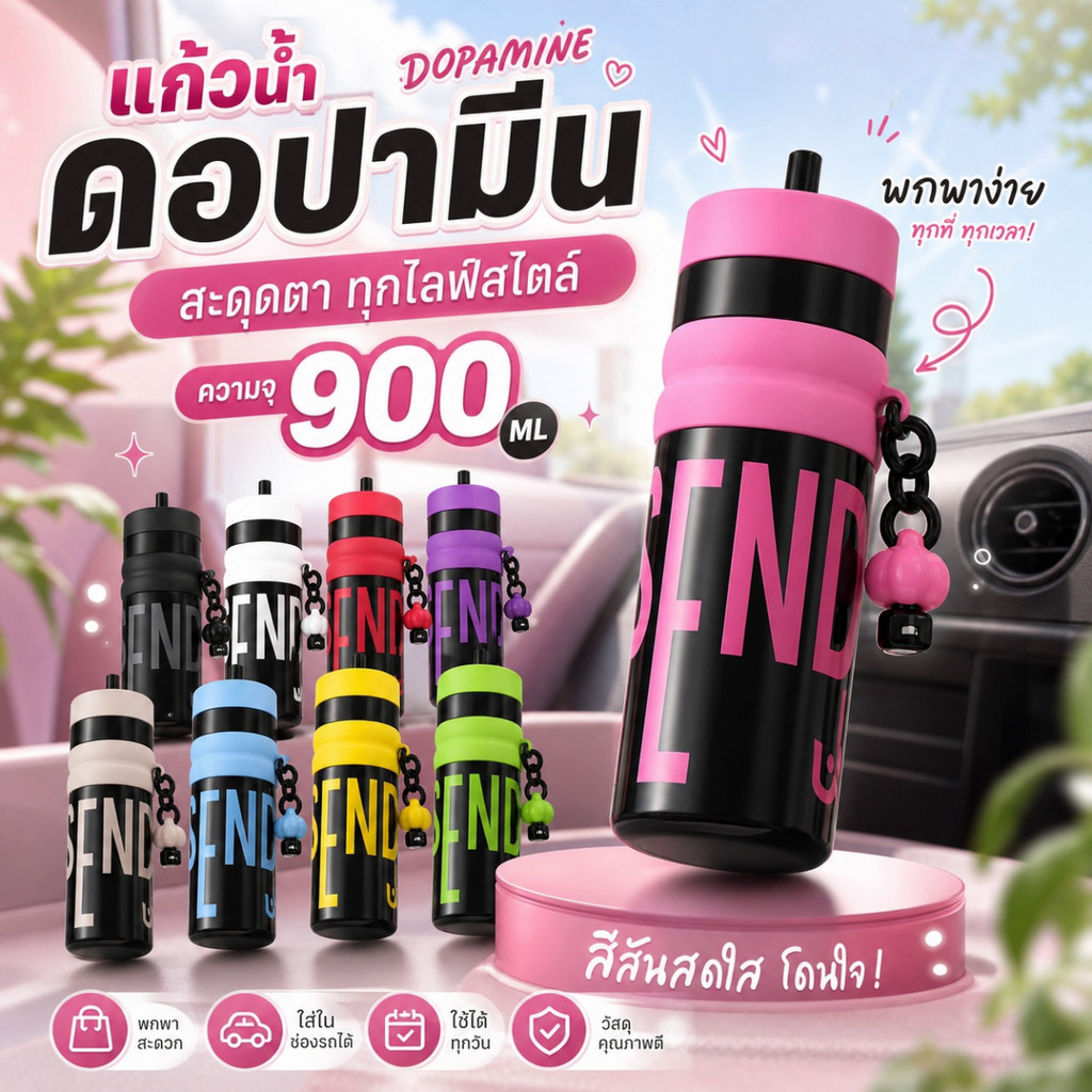 แก้วพลาสติกปลอดบีพีเอ 900มล พร้อมหลอด ป้องกันรั่ว พกพาสะดวก สีสันโดปามีน น่ารัก เที่ยวกลางแจ้ง ออกกำลังกาย
