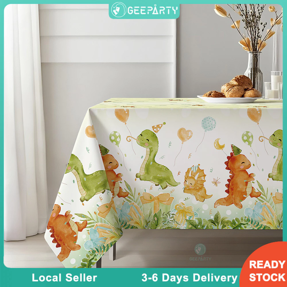 GeeParty ผ้าคลุมโต๊ะพลาสติกกันน้ำ 220 ซม. ลาย Dancing Dino ธีมไดโนเสาร์ ของตกแต่งวันเกิดเด็ก อุปกรณ์ปาร์ตี้วันเกิด