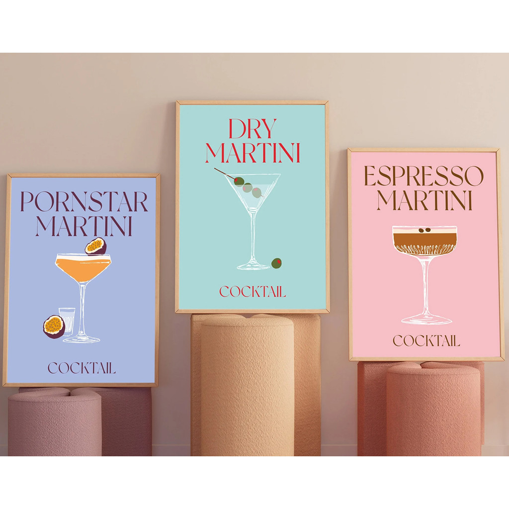 ชุด 3 ค็อกเทลพิมพ์ผ้าใบ, Martini Bar Art โปสเตอร์,ที่มีสีสัน Dry Espresso Wall Decor สําหรับห้องครัว