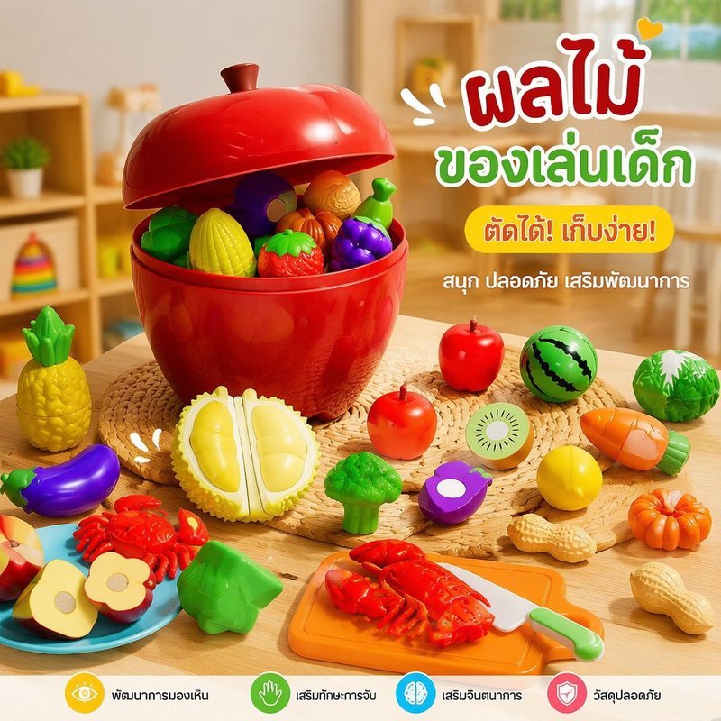 ของเล่นผลไม้ ผักจำลอง ชุดหั่นผักผลไม้ เด็ก ครัวเล่น เสริมทักษะ มือ ตา สี ปลอดภัย