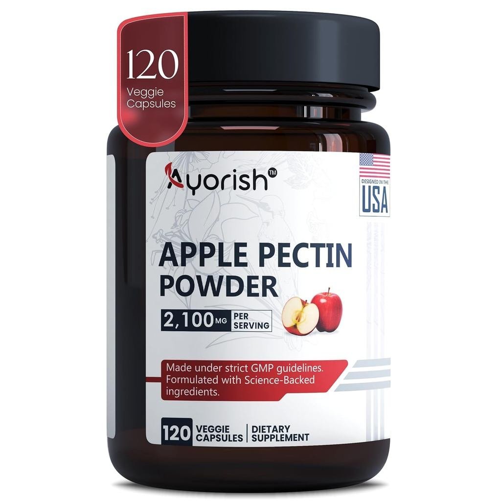 Ayorish Apple Pectin แคปซูล 2100 มก., 120 ชิ้น Apple Pectin ผงใยอาหารจากพืช Pectin สารสกัดมังสวิรัติ