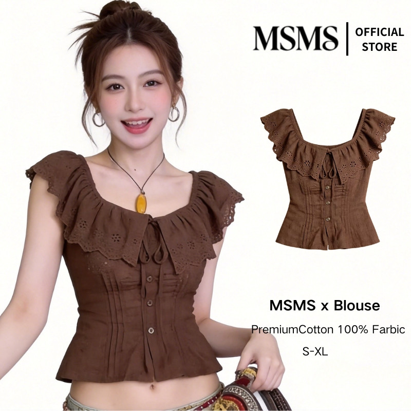 Eyelet Ruffle Blouse เสื้อเบลาส์ลูกไม้เจาะรูสีน้ำตาลผู้หญิง แขนปีกฟริลล์คอผูกโบว์ เอวย่นรัดทรงสัดส่วนดี สไตล์วินเทจคันทรี S-2XL