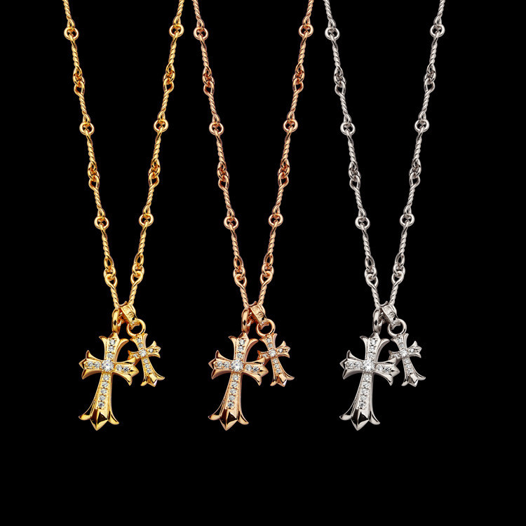 LEUR Double Cross Necklace Asian Gold Men Women Cross with Diamond Necklace