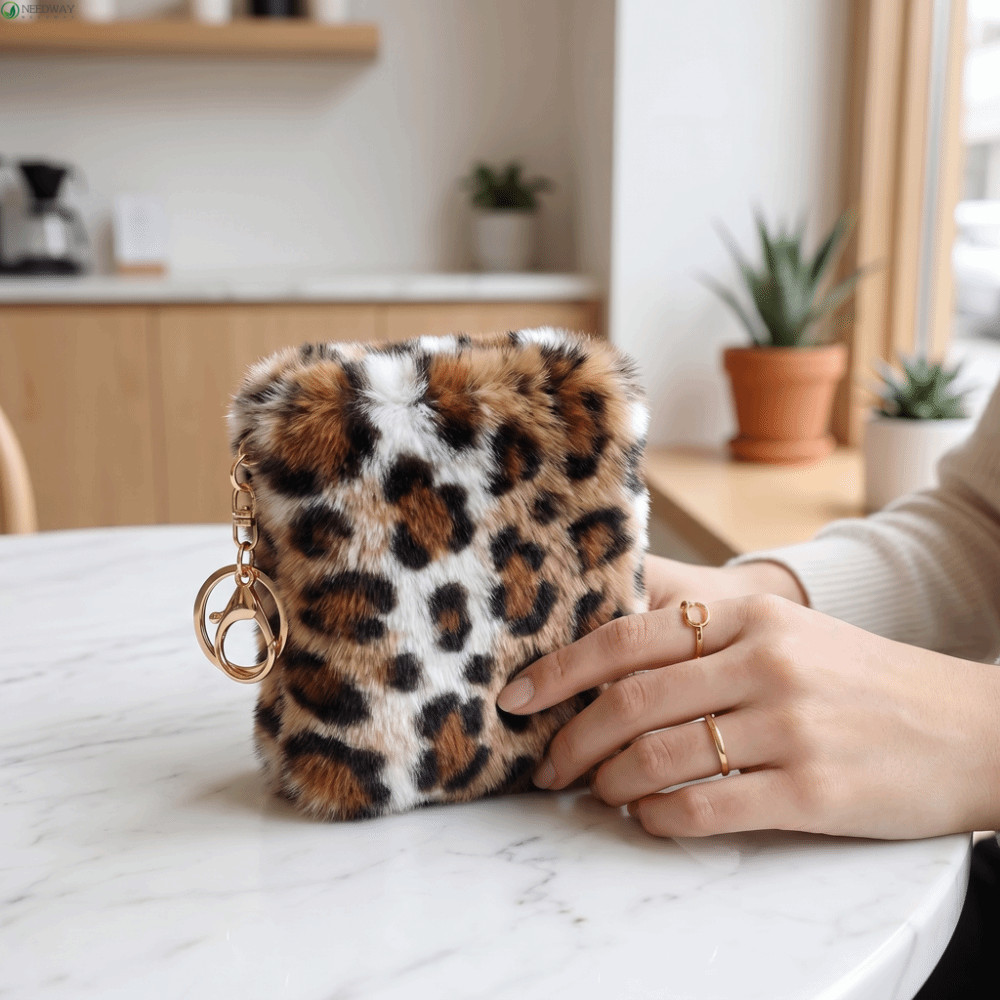 NEEDWAY กระเป๋าใส่เหรียญลายเสือดาว, Furry Multi-Card Slot Zipper Wallet, Y2K Travel Organizer Soft ค