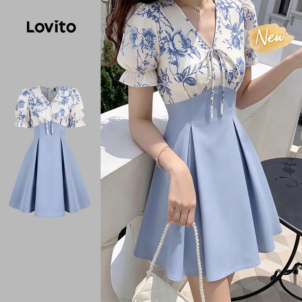 (New Arrival) Lovito เดรสสีม่วงสําหรับผู้หญิง เดรสสีตัดกันฤดูใบไม้ผลิ/ฤดูร้อน สง่างาม เดรสผ้าไทยสีฟ้า L195ED165