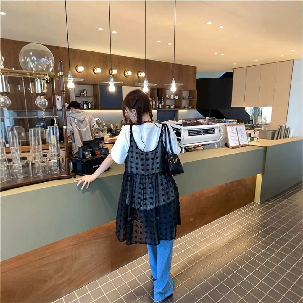 Design Niche Layered Blouse Net Gauze Sleeve Classy Sling Bottoming Vest Dress Female B3OY