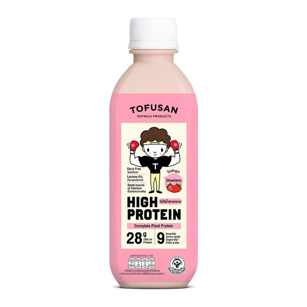 โทฟุซัง นมถั่วเหลืองโปรตีนสูงน้ำตาล0%สตรอว์เบอร์รี่ Tofusan Hi-Protein 0% Sugar Strawberry 350ml.