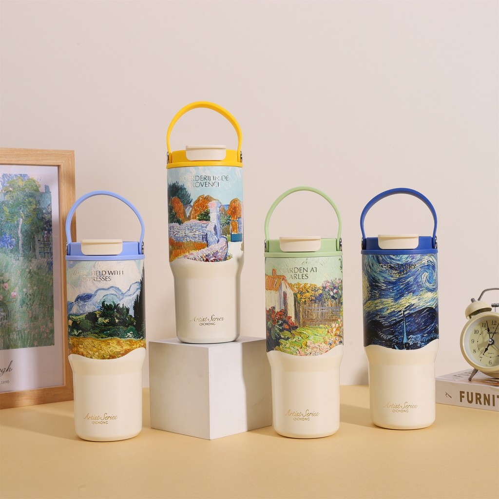 Van Gogh Ceramic Liner Thermos Cup High-value Female Handle Ice Master Cup with Straw Large-capacity