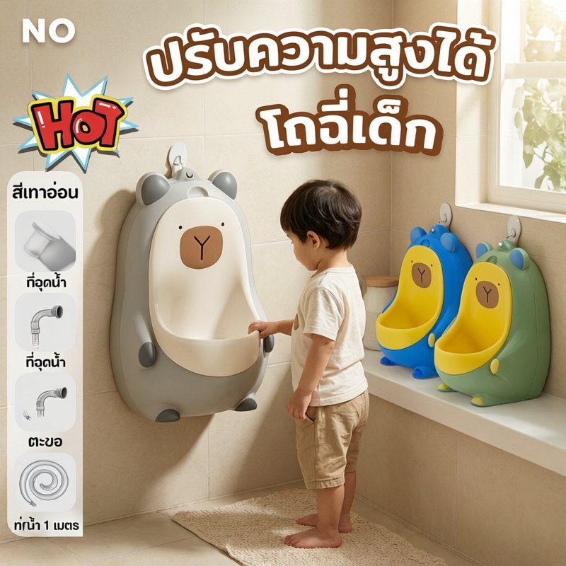 โถฉี่เด็กผู้ชาย ยืนได้ แขวนผนัง ปรับความสูงได้ ป้องกันสาด มีเกมเป้าหมาย ล้างง่าย ปิดผนึกกลิ่น