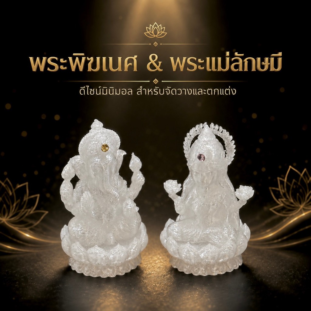(ขายเเยก)พระพิฆเนศ ปางประทานพร พระเเม่ลักษมี ปางนั่งดอกบัว สีขาวกึ่งใส ความสำเร็จ การงาน การเงิน องค์บูชามงคล สายมู td21