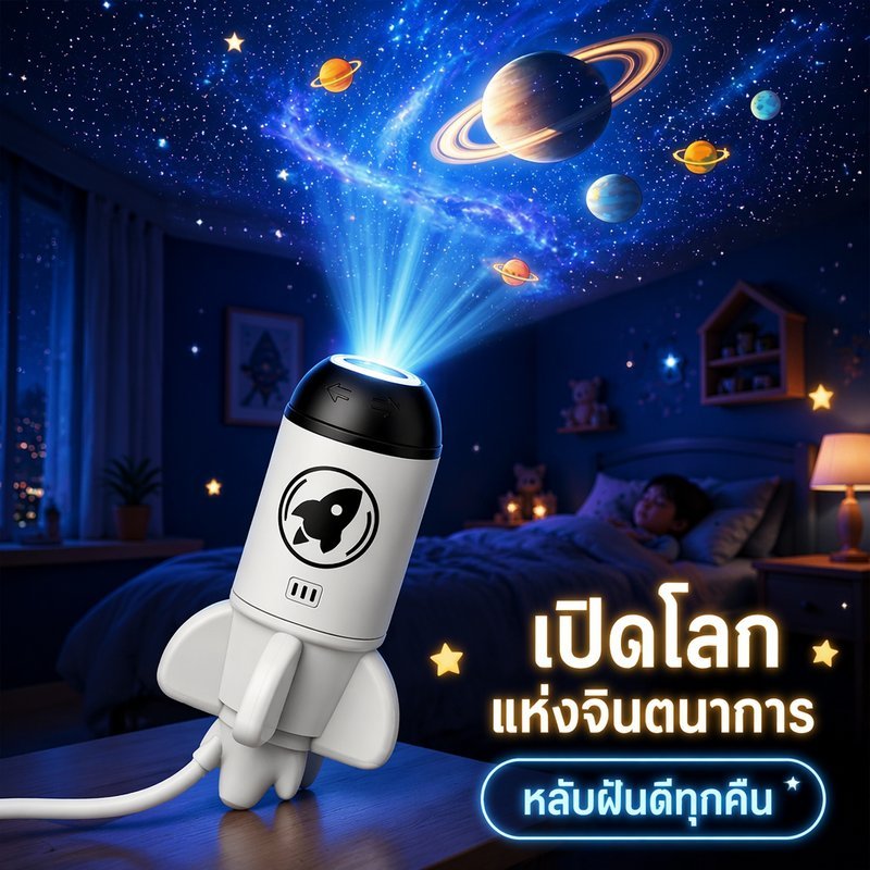 โคมไฟโปรเจคเตอร์ จรวด ไฟกลางคืน USB เสียบใช้ได้ทันที หมุนได้ 360 องศา เปลี่ยนสไลด์ ดาวเคราะห์