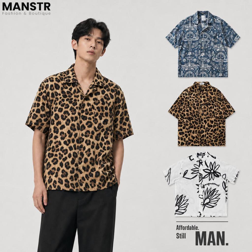 เสื้อเชิ้ตแขนสั้นผู้ชาย สไตล์อเมริกันวินเทจ พิมพ์ลายเสือดาว ใส่แล้วสบายและผ่อนคลาย