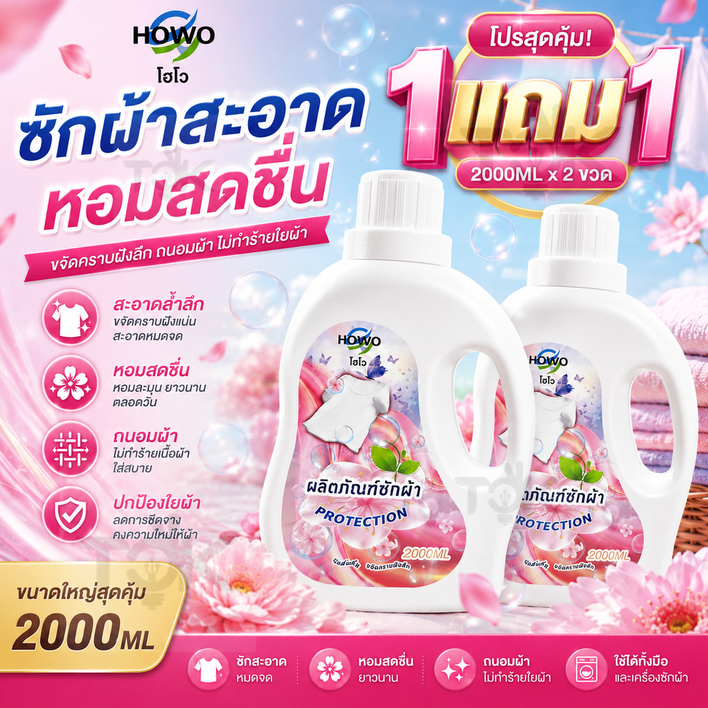 1 แถม 1 HOWO น้ำยาซักผ้า 2000ml. กลิ่นหอมสดชื่น ขจัดคราบสกปรก ลดกลิ่นอับชื้น ซักมือและเครื่องได้