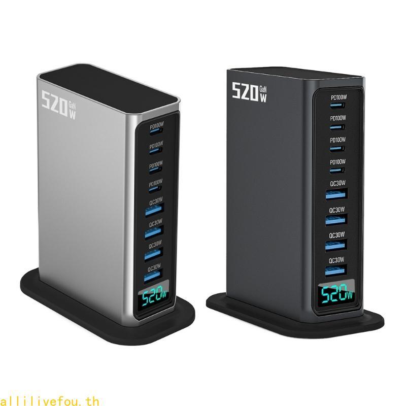 LIVE 8 พอร์ต 520W USB C Fast Charger พร้อม 4 USB C 100W และ 4 USB A QC30W Charger สําหรับหลายอุปกรณ์