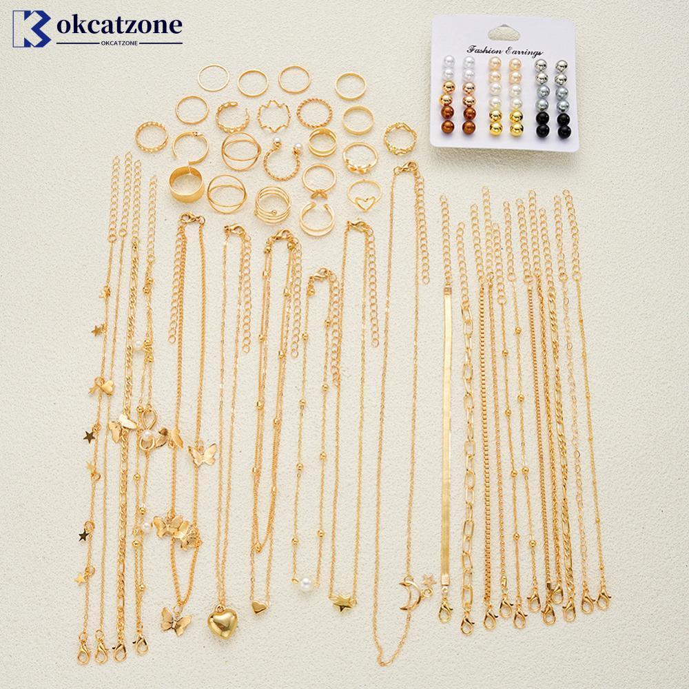OKCATZONE Elegant Minimalist Butterfly Pearl ชุดเครื่องประดับรวมสร้อยคอต่างหูและแหวนเครื่องประดับอเน