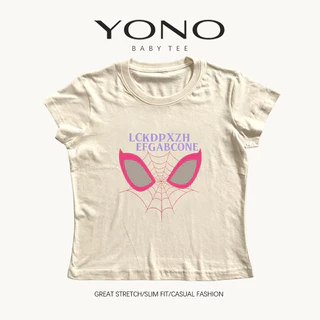 (พร้อมส่ง24ชม.) YONO baby tee สีชมพู ลายหน้ากากกับใยแมงมุมสีชมพู ทรงเข้ารูป สตรีท y2k