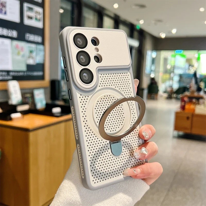 SAMSUNG หรูหรากระจายความร้อนระบายความร้อนตาข่ายหลุมเคสโทรศัพท์สําหรับ ซัมซุง ส24 ส25 ส26 พิเศษแม่เหล็กยืนผู้ถือเกราะปก