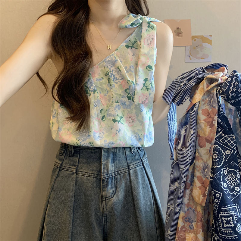 Verve ตู้เสื้อผ้า Retro ดอกไม้ Camisole สําหรับผู้หญิงเปิดออกแบบเสื้อพร้อมผูกเฉพาะสําหรับฤดูร้อน