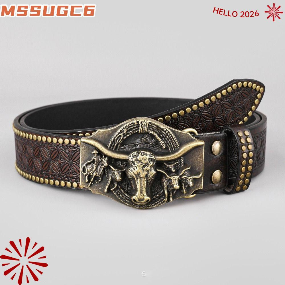 IMSSUG เข็มขัดหนังผู้ชาย PU แบรนด์อินเทรนด์ Western คาวบอยธุรกิจเข็มขัดลําลอง, Vintage Luxury Design เข็มขัดหัววัว