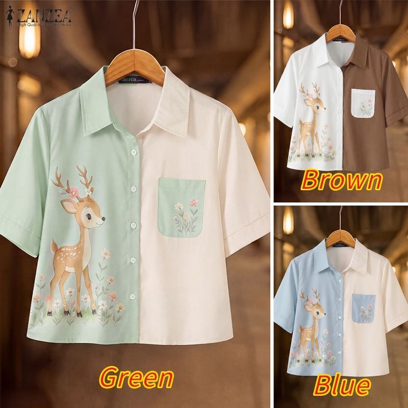 ZANZEA ผู้หญิงเกาหลีหวาน Pastoral Turn-Down-Collar แขนสั้นการ์ตูนกวางพิมพ์ Contrast สีเสื้อ — صورة 3