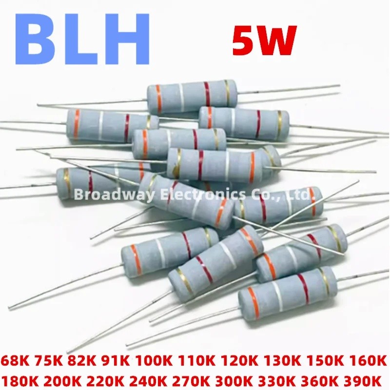 10PCS 5W Carbon Film Resistor 5% 68K 75K 82K 91K 100K 110K 120K 130K 150K 160K 180K 200K 220K 240K 2