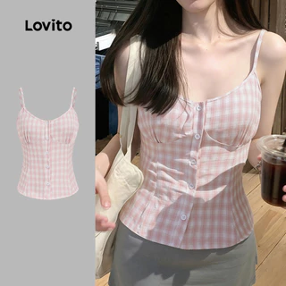 (New Arrival) Lovito เสื้อลําลองผู้หญิง สีชมพู เรียบง่าย มีปุ่มด้านหน้า สไตล์ลําลอง เหมาะสําหรับฤดูใบไม้ผลิ/ฤดูร้อน เกาหลี อินเทรนด์ L197AD1030