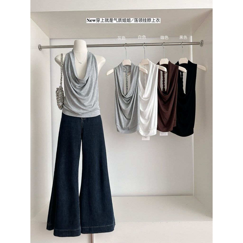 แกว่งเซ็กซี่ Desire High-End Pure Camisole สาวร้อนเสื้อกั๊กผู้หญิงผ้าไหมถักแขนกุด Classy Top คอแขวน 