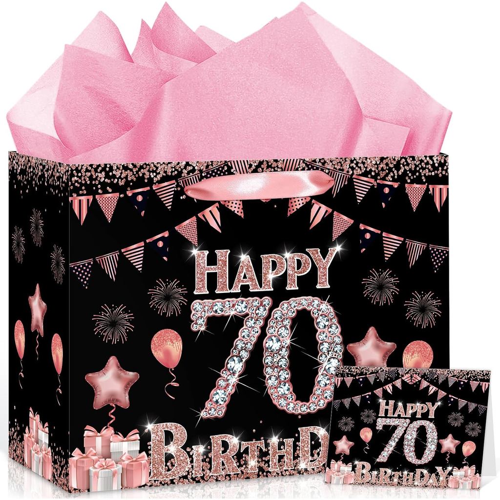 MOORIIY สีดําสีชมพู 70th กระเป๋าของขวัญวันเกิดสําหรับผู้หญิง, Happy 70th กระเป๋าของขวัญวันเกิดพร้อมก