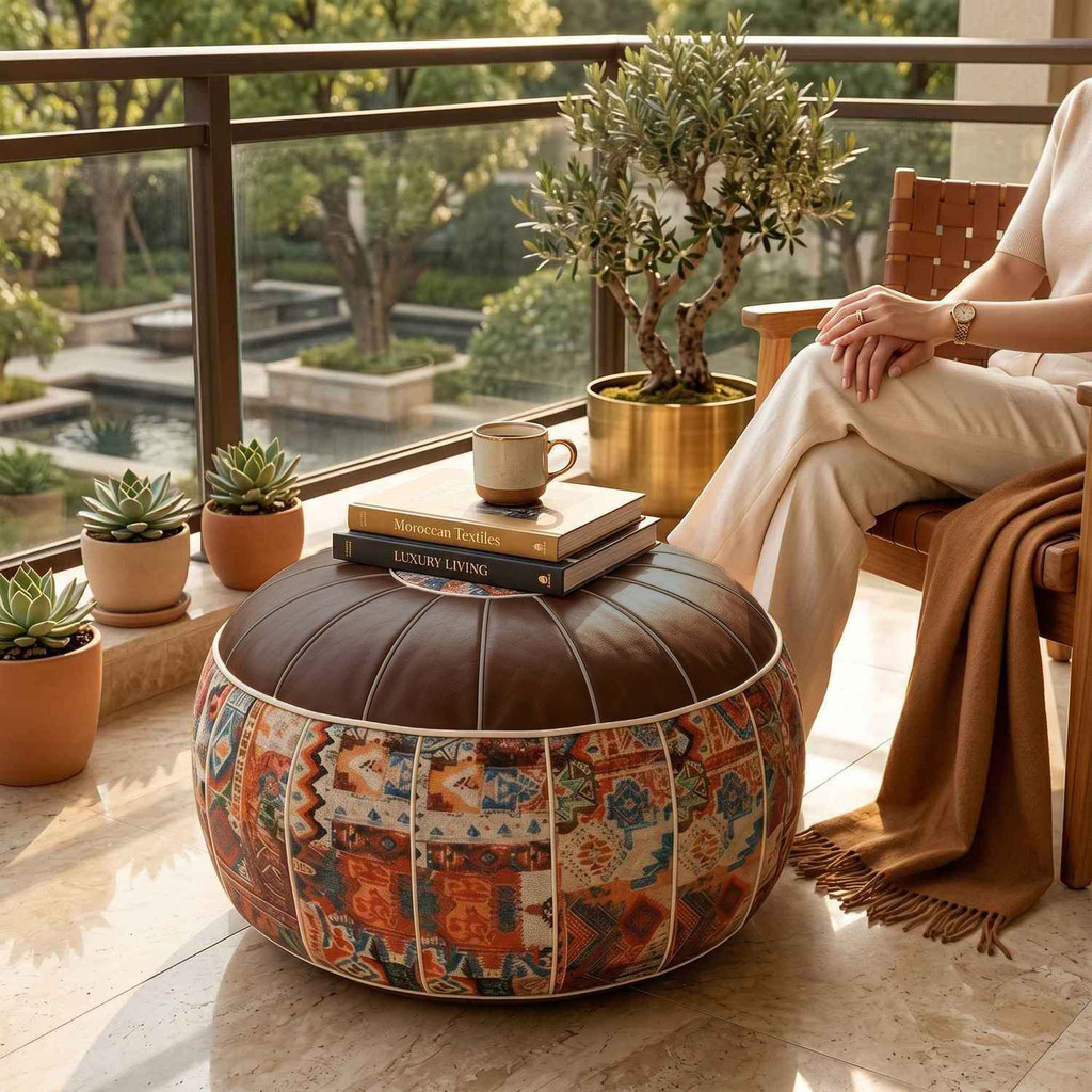 Round Storage Ottoman Pouf Chair Vintage Foot Stool Seat Cover Home Organizer