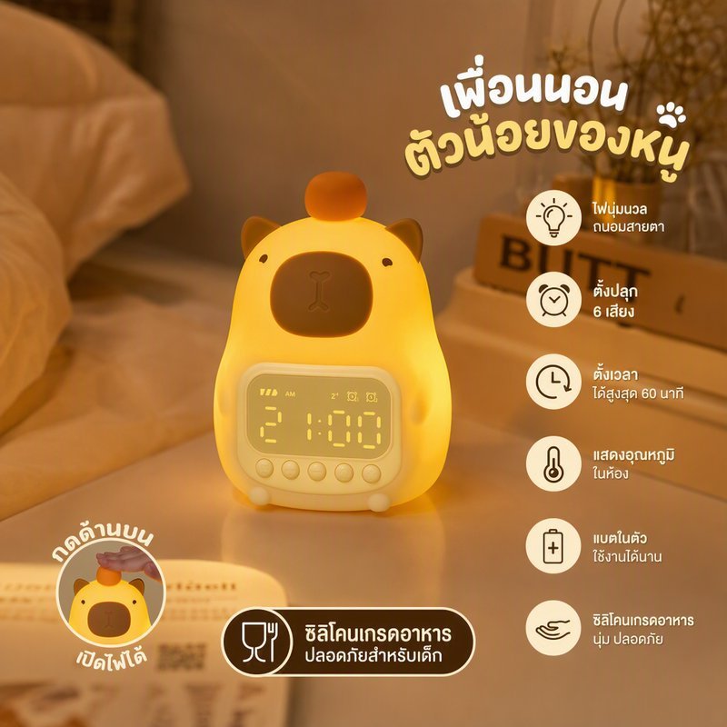 นาฬิกาปลุกเด็ก คาปิบารา ซิลิโคนนุ่ม ชาร์จ USB ไฟกลางคืน LED จอใหญ่ 12 24H ตั้งโต๊ะ
