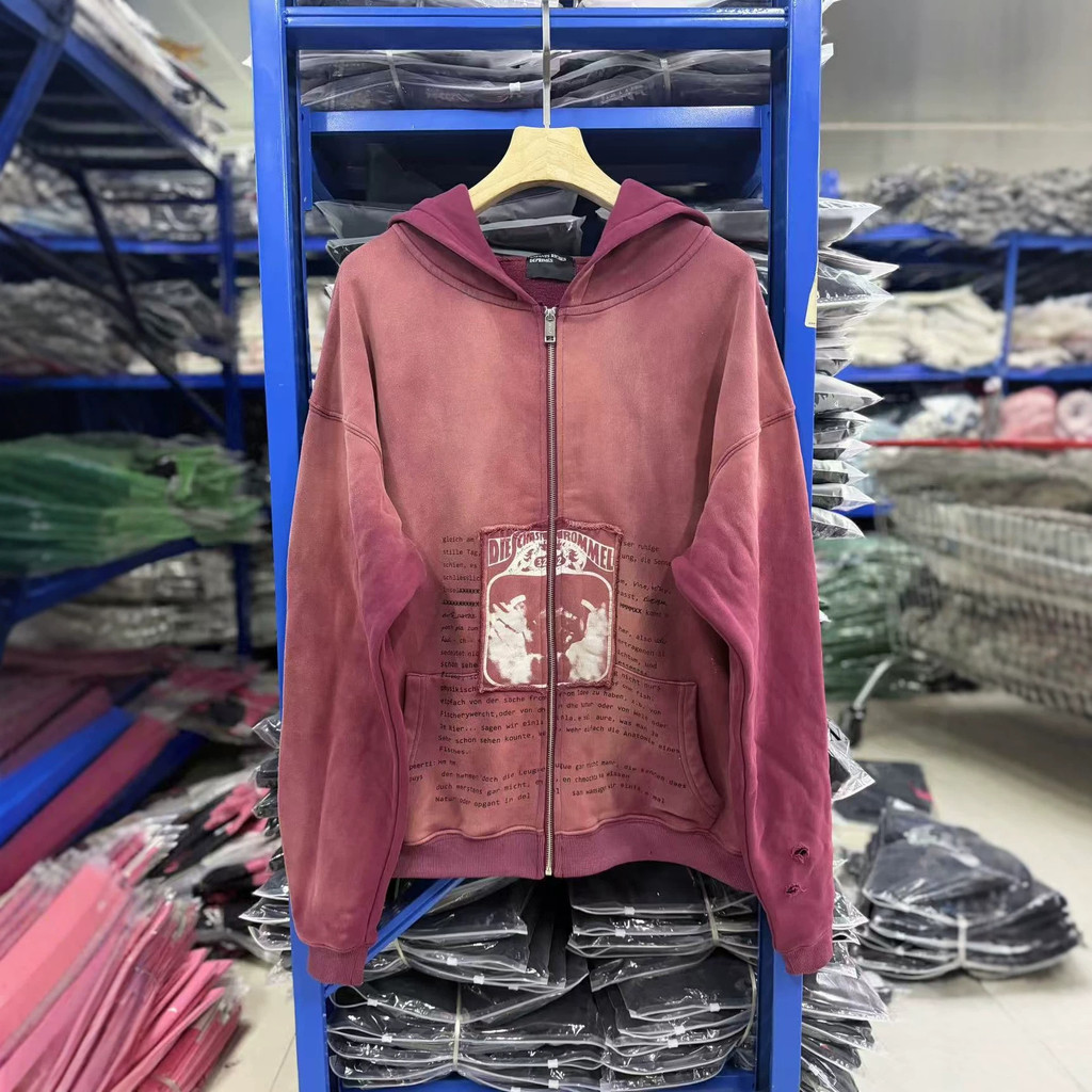E.RD Washed Distressed Zipper Hooded Sweatshirt
