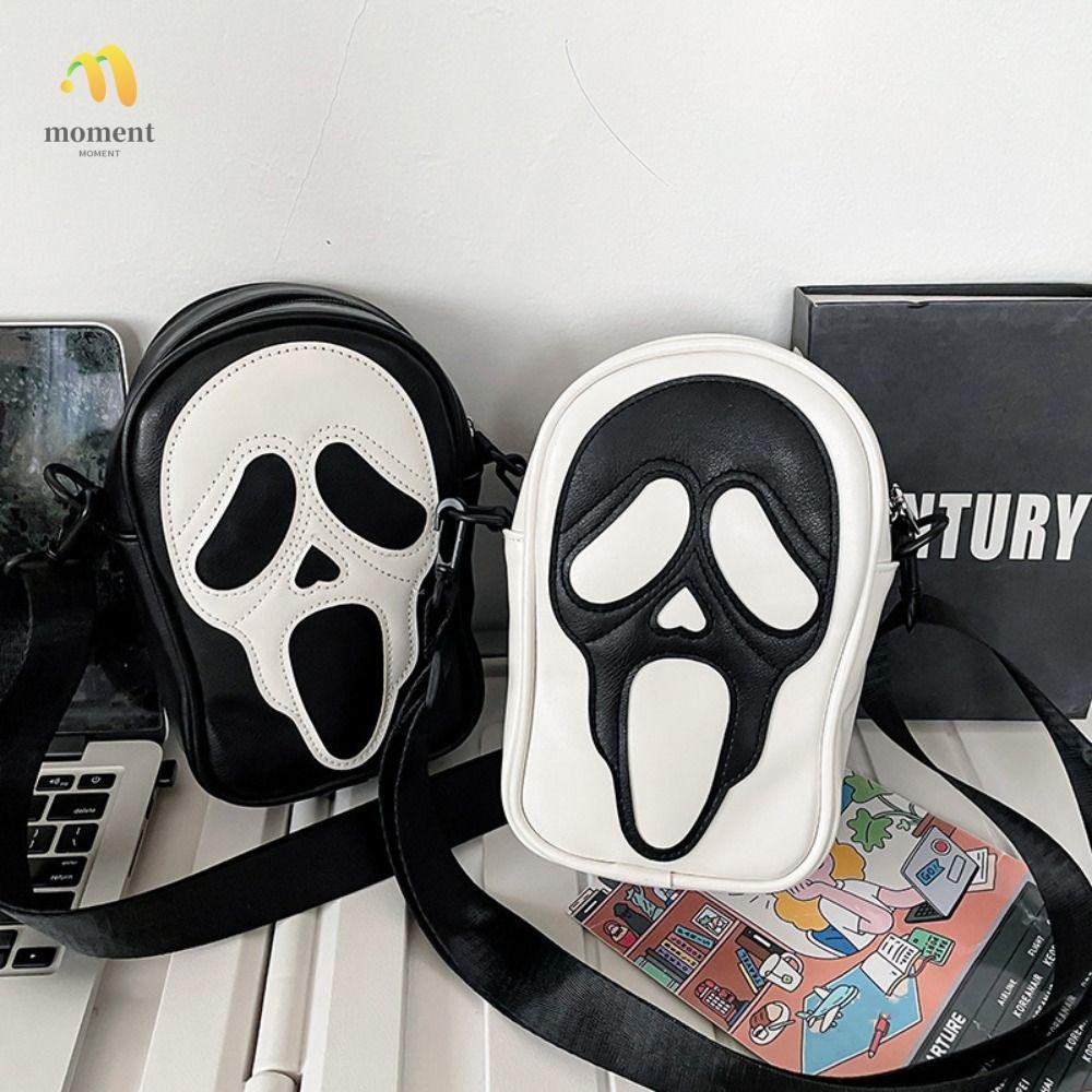 MOMENT Devil Ghost Bag, Black White PU Leather Halloween Crossbody Bags, Fashion Vintage PU Leather 
