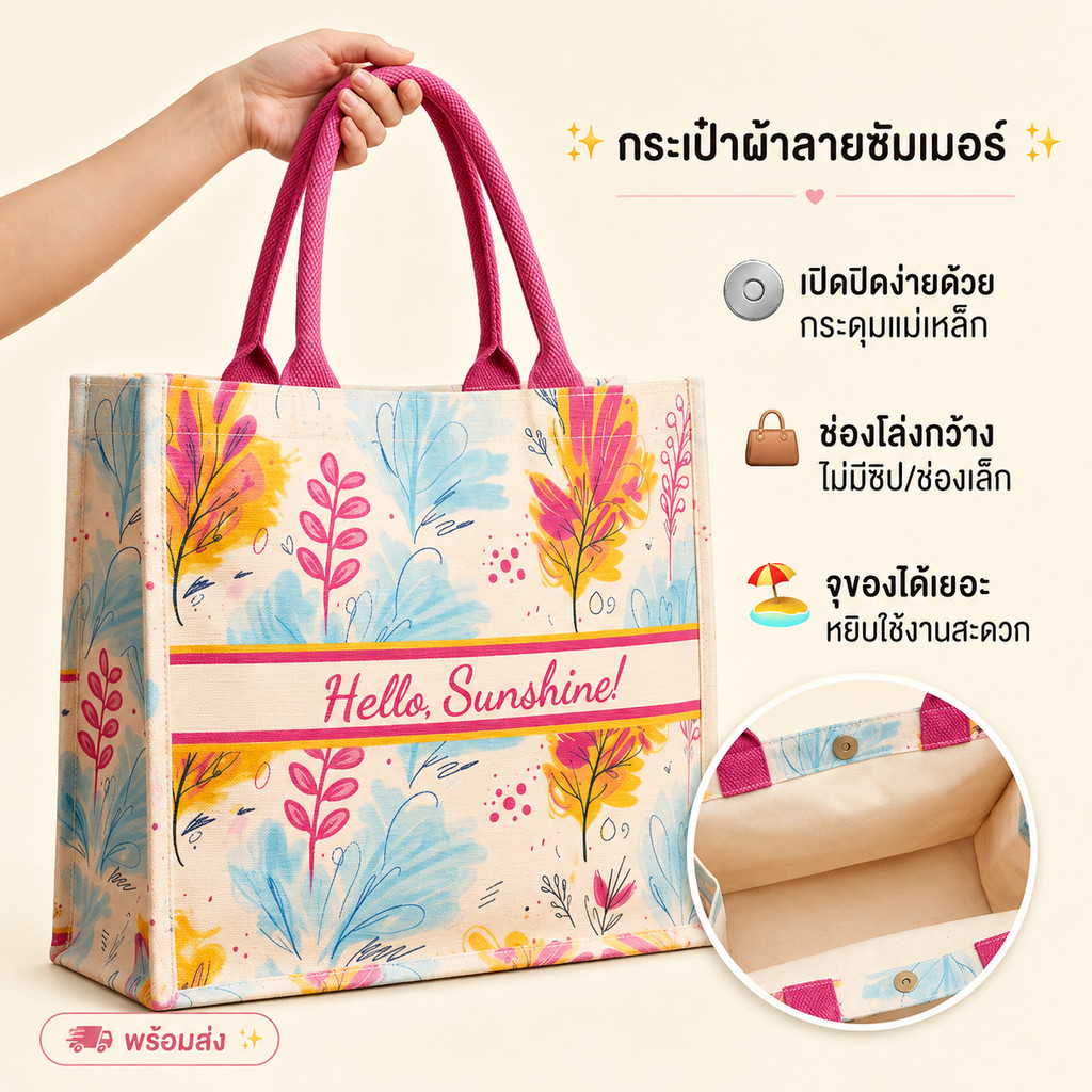 กระเป๋าผ้าแคนวาส Tote Bag ใบใหญ่ ซับ PVC กันน้ำ กระดุมแม่เหล็ก ใส่ A4/โน้ตบุ๊ก