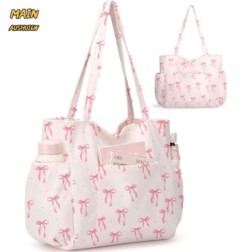 MAINAUSHUI6W กระเป๋าสะพาย,ซิป Multi-pocket School Tote Bag,Reusable ความจุขนาดใหญ่ Corduroy กระเป๋าถ
