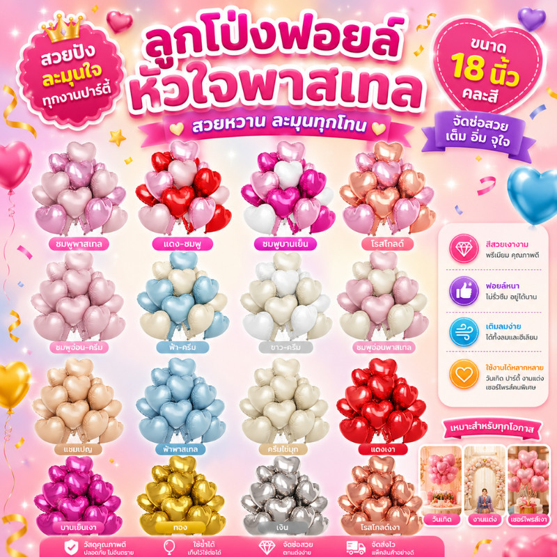 (ร้านไทย)เซ็ตลูกโป่งฟอยล์ ลูกโป่งหัวใจ บอกรัก วาเลนไทม์ ขนาด 18 นิ้ว(HH SHH)