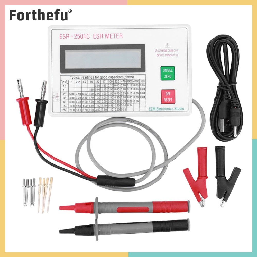 ★ ฟอร์ธีฟู ★  เครื่องทดสอบตัวเก็บประจุ ESR ทดสอบในวงจร Capacitance Meter W/ ทดสอบตะกั่วคลิปแบตเตอรี่