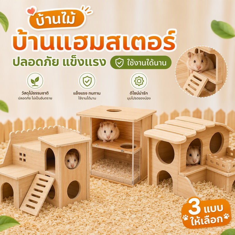 บ้านแฮมสเตอร์ ไม้ 2 ชั้น พร้อมของเล่น ที่หลบซ่อน กรงหนูแฮมสเตอร์ สัตว์ฟันแทะ บ้านสัตว์เลี้ยงเล็ก